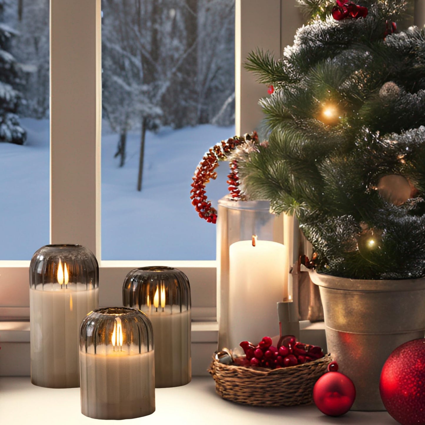 Ribbed Glass Battery Candles - FLameless Candles with Remote, Sage Green LED Candles with Timer, Warm Light, Lasting 350 Hrs and Brightness