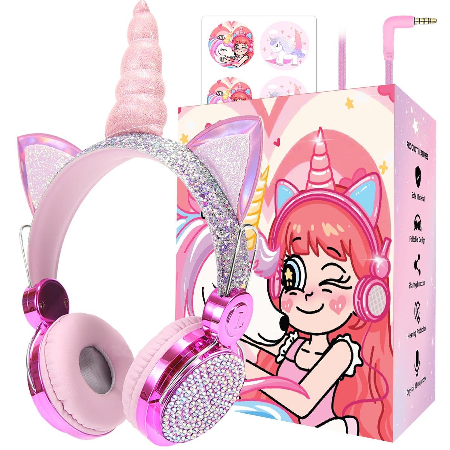 charlxee Kids Unicorns Headphones with Mic for School/Travel,95dB Volume Limited,Shareport,On/Over Ear Wired Headsets with Nylon Cable-Purple