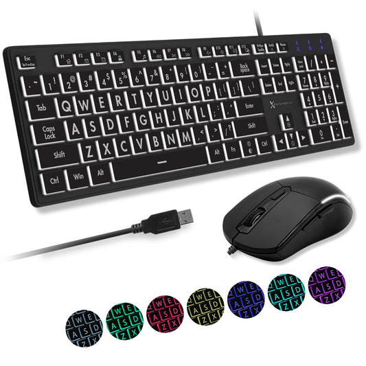 X9 Wired Keyboard and Mouse Combo - Large Print Backlit Keyboard and Mouse for Elderly, Low Vision, Visually Impaired - 7 LED Light Up Color, Lighted