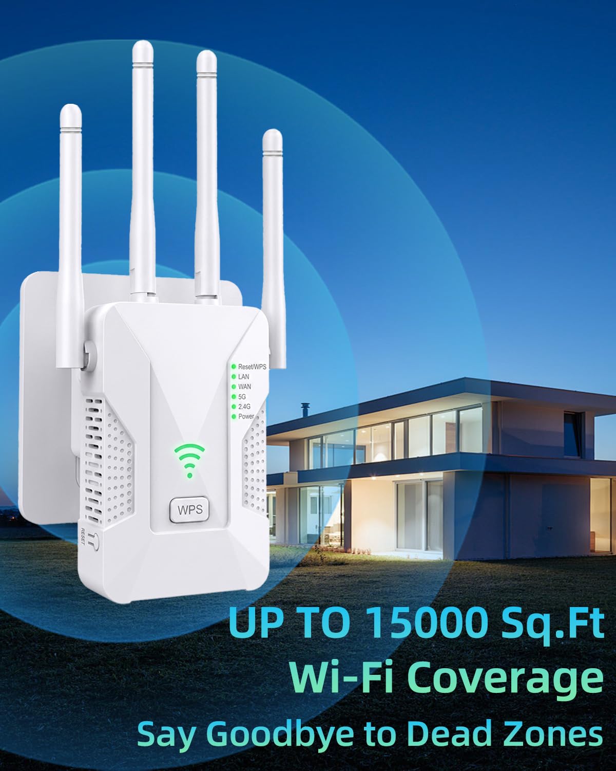 2026 WiFi Extender Signal Booster, 1200Mbps Dual Band 5GHz&2.4GHz Internet Booster, Up to 15000 Sq.Ft Coverage, 3-in-1 WiFi Repeater with 2 Ethernet