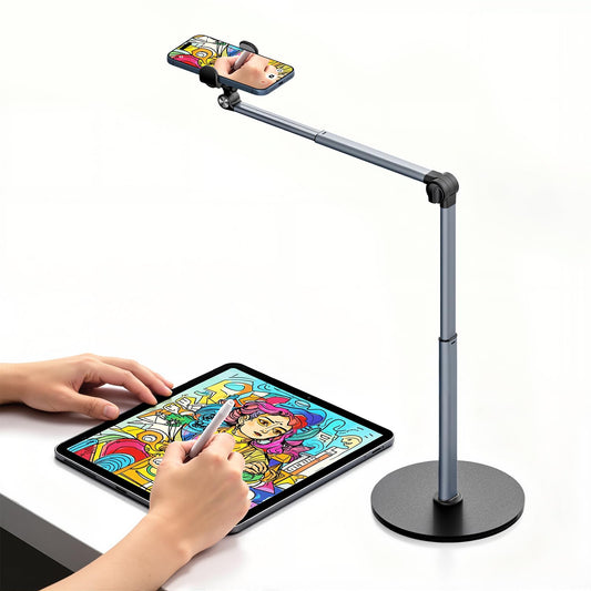 MoKo Overhead Tripod for iPhone, Heavy Duty Aluminum Overhead Phone Mount, Angle & Height Adjustable, Telescopic Arm, Overhead Phone Stand