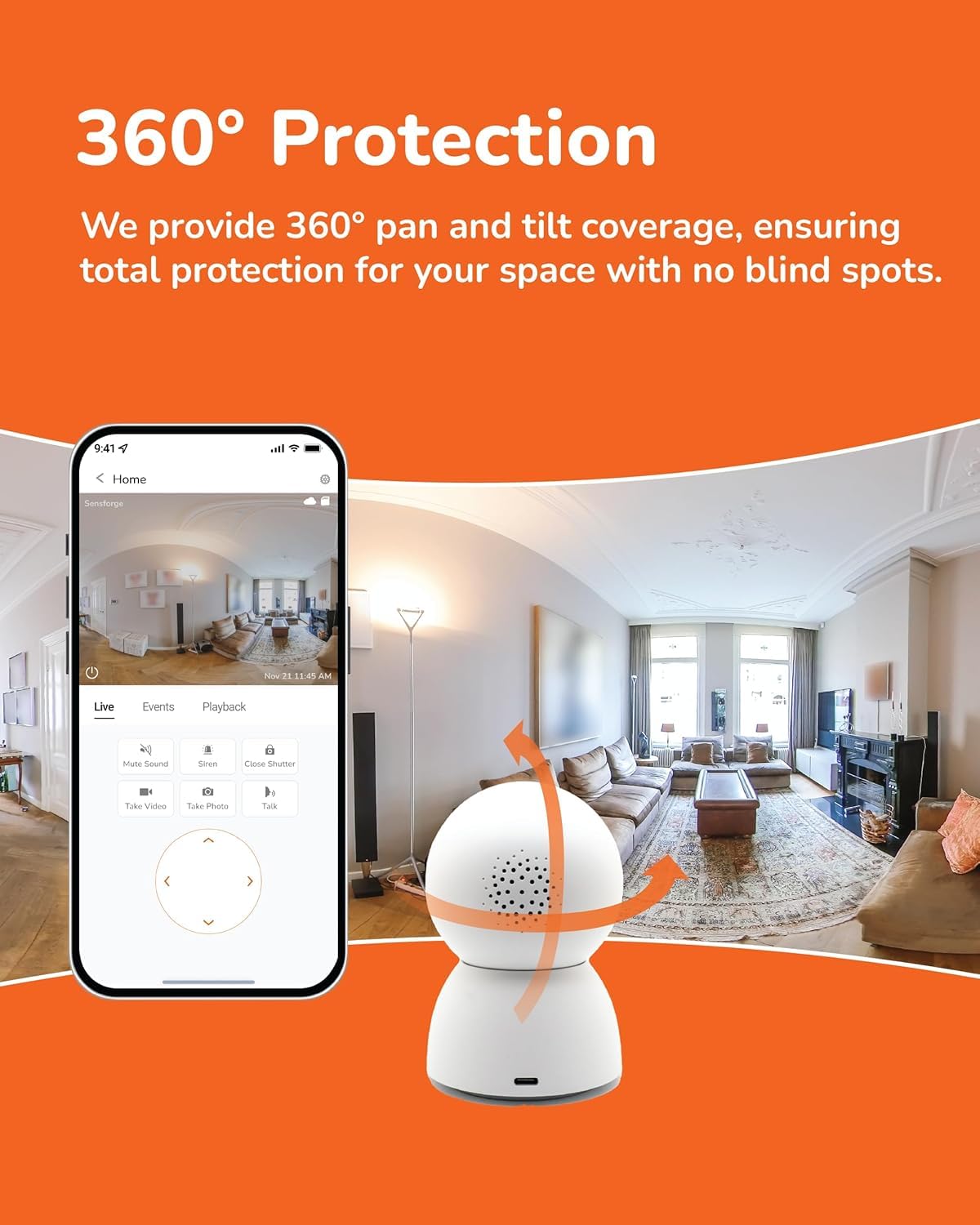 Sensforge 2.5K Indoor Pan-Tilt Dome Security Camera, 360° Coverage, AI Human & Pet Detection, Two-Way Talk, Dual-Band Wi-Fi (2.4G/5G), 64GB SD Card