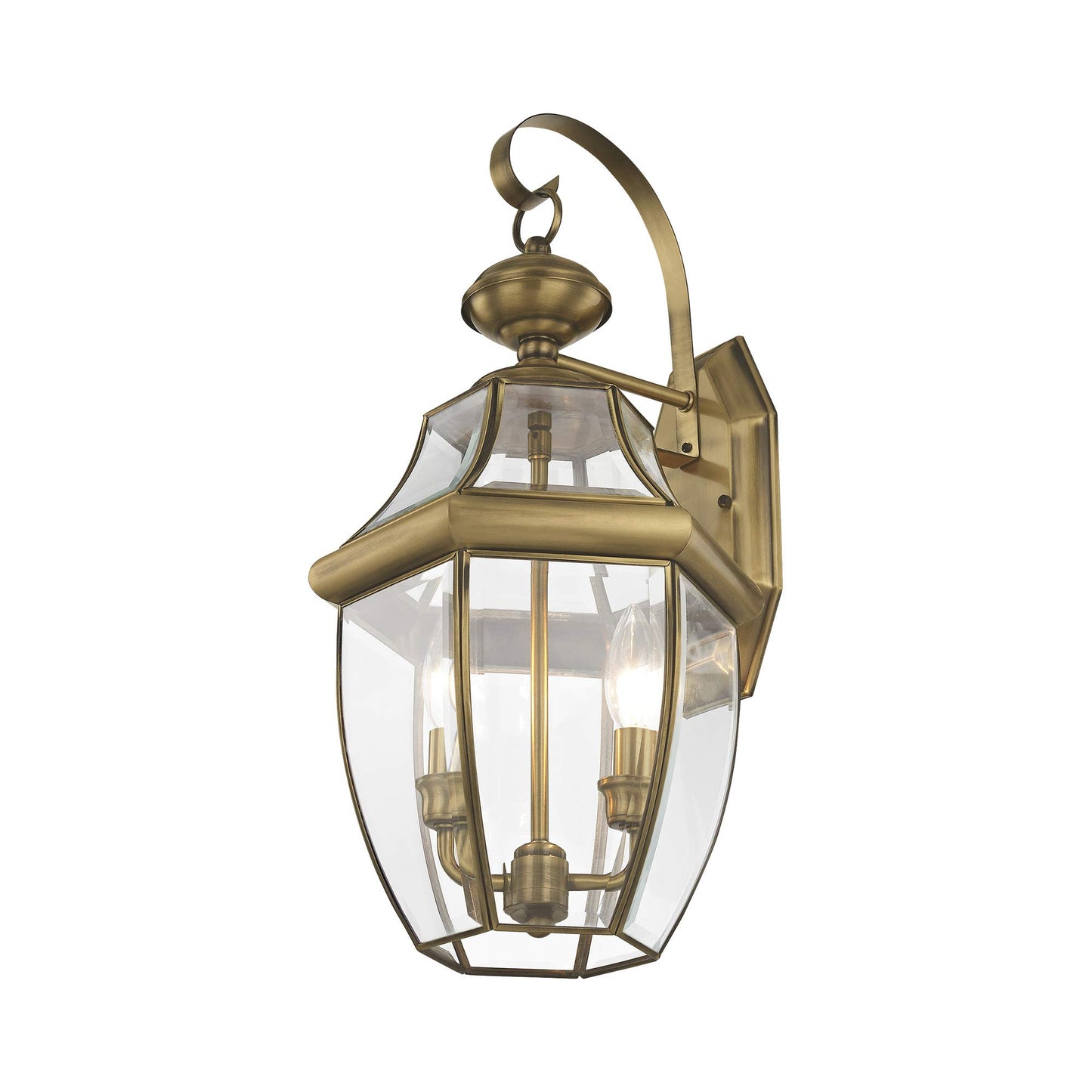 Livex Lighting 2251-01 Monterey 2 Light Outdoor Antique Brass Finish Solid Brass Wall Lantern with Clear Beveled Glass
