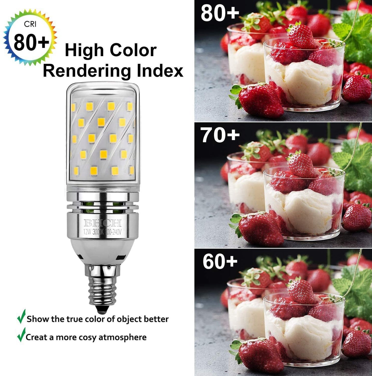 BHCH E12 LED Corn Bulbs 12W,3000K Warm White,1200LM,Small Edison Screw Bulbs,100W Incandescent Bulbs Equivalent,Pack of 4