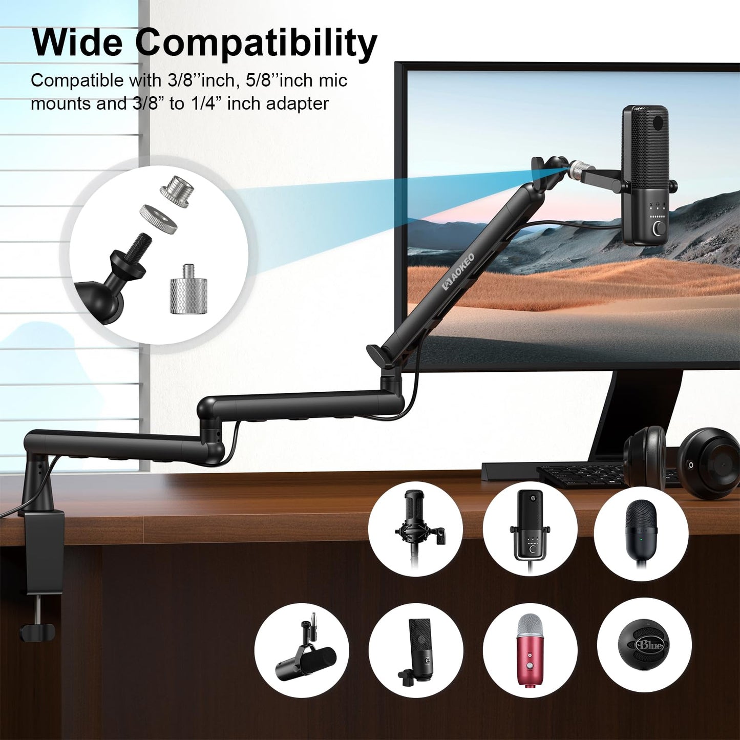 Microphone Arm,Aokeo AK-55i Desk Low Profile Adjustable Mic Boom Arm Stand,Suitable For Blue Yeti,Snowball iCE, HyperX QuadCast,SoloCast,Elgato