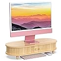 WELL WENG Bamboo Monitor Stand with Storage, Curved Computer Laptop Stand Desk Shelf Organizer with Sliding Doors (25 inch)