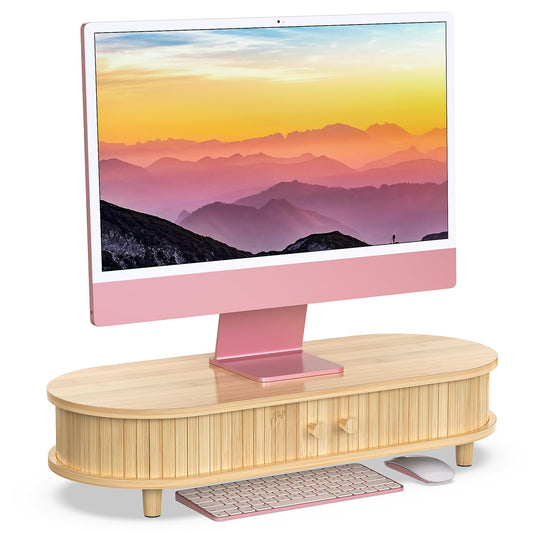 WELL WENG Bamboo Monitor Stand with Storage, Curved Computer Laptop Stand Desk Shelf Organizer with Sliding Doors (25 inch)
