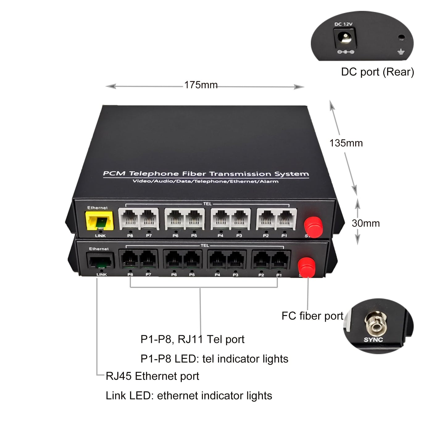 Hebbeko 8 Channels POTS Telephones and 10/100Mbps Ethernet Over Fiber Optic Media Converter Extender FC-FC Singlemode up 20Km Support Called id Ring