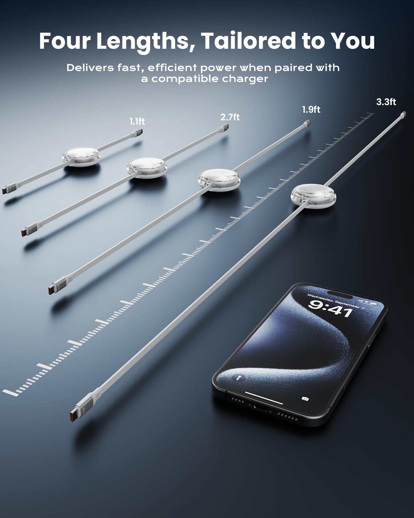 iOttie Basix 100W Retractable USB-C Cable, Fast Charging USB C-to-C Cable with 4 Adjustable Cable Lengths, USB C Cable for iPhone 16, 15 (Pro, Plus