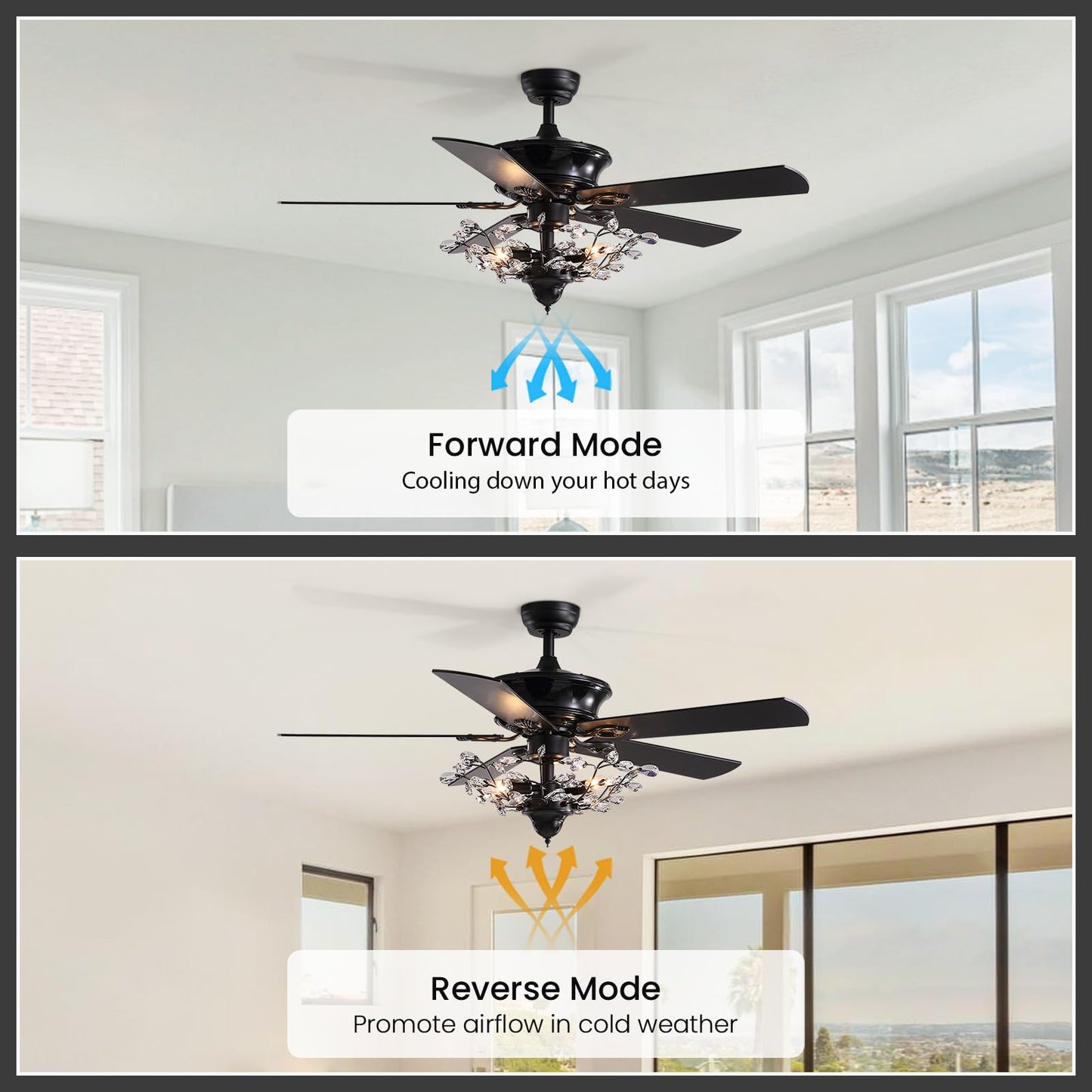 MOOONICHE 50" Crystal Ceiling Fan with Lights and Remote, Black Vintage Chandelier Fan Light with Wood Blades, Reversible Motor, 6-Speed, Timer, Retro