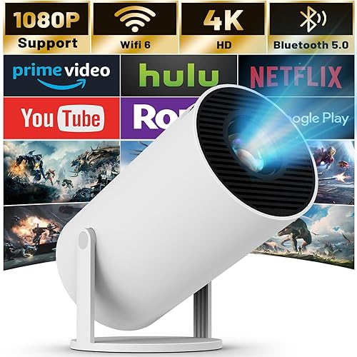 Mini Projector with WIFI 6 and Bluetooth, 4K 1080P Support Portable Projector 180° Rotatable 130'' Screen Movie Projector Auto Keystone Compatible