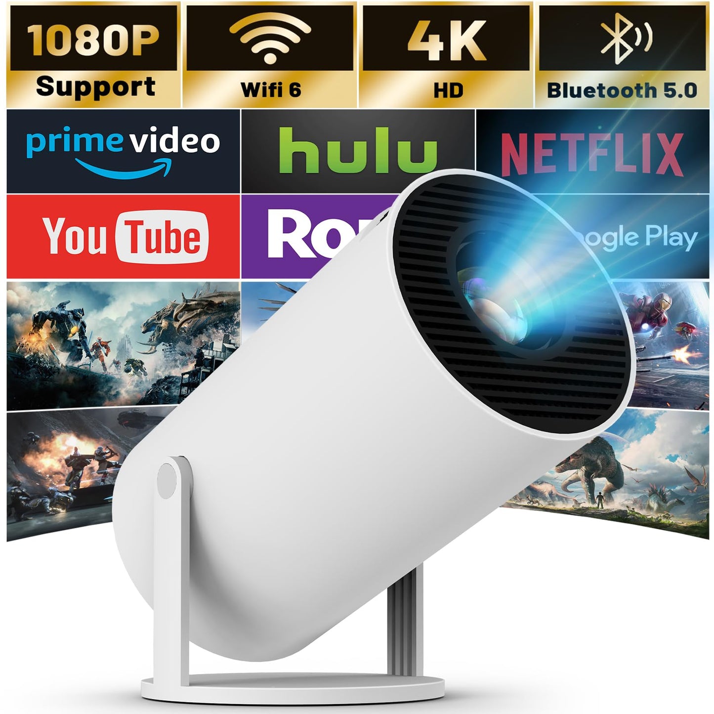 Mini Projector with WIFI 6 and Bluetooth, 4K 1080P Support Portable Projector 180° Rotatable 130'' Screen Movie Projector Auto Keystone Compatible