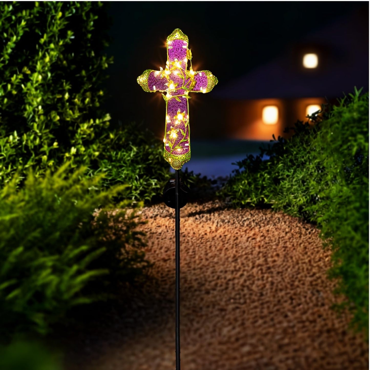 Quterhero Solar Cross Stake for Cemetery Grave, Memorial Grave Decoration with Flowers and LED Light, Outdoor Solar Cross for Lawn Garden Pathway