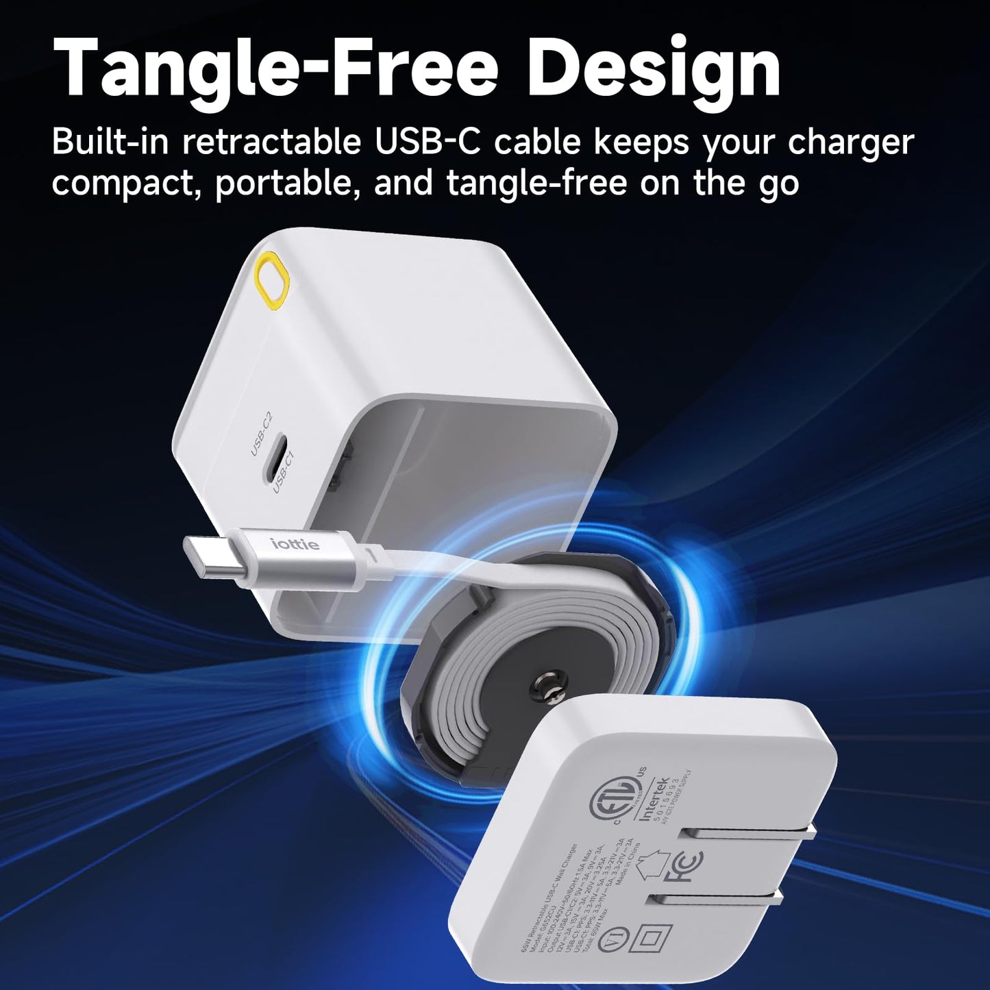 Basix by iOttie 65W GaN Wall Charger with Built-in Retractable USB-C Cable and Extra USB-C and USB-A Ports, Triple Device Fast Charging, Compact…