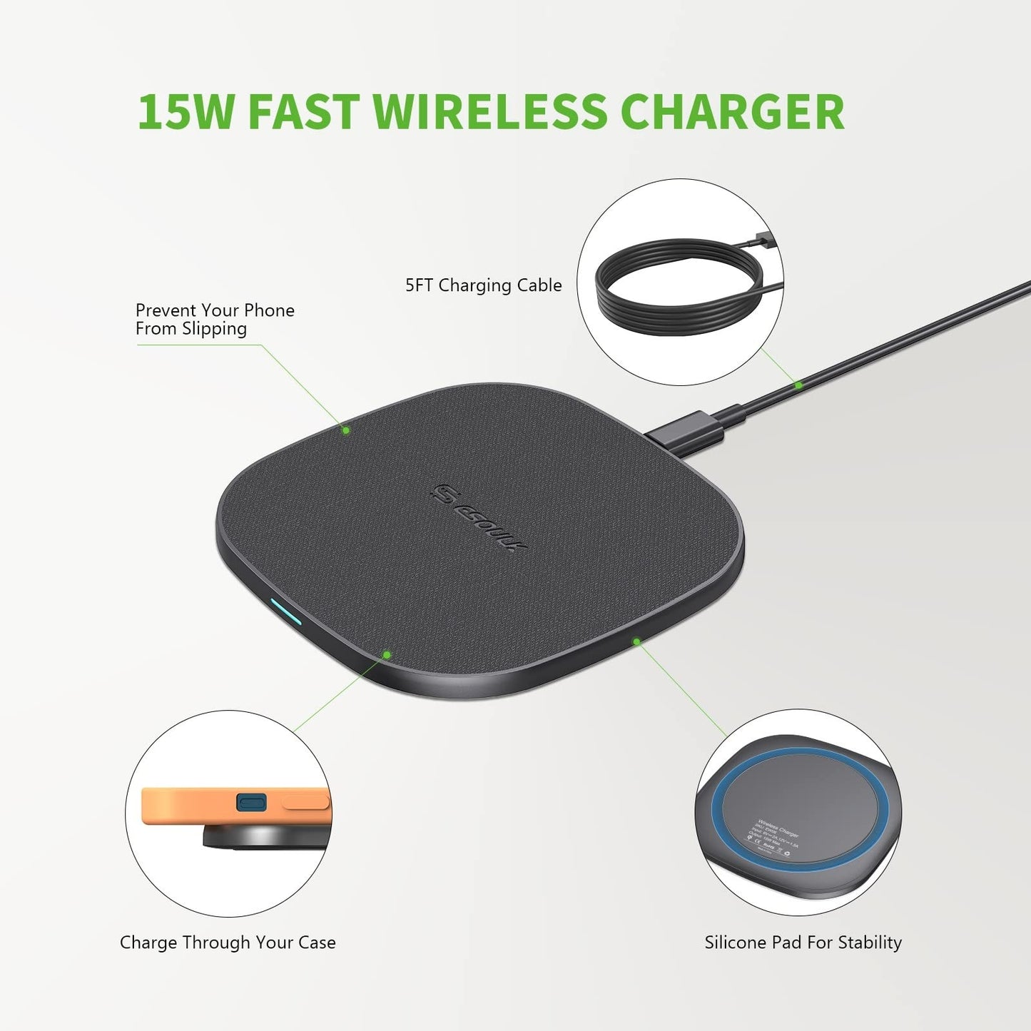 Esoulk Black 15W QI Wireless Charger & 5FT Type-C Charging Cable Slim & Compact - Fast Charger - Charging Plug/Brick not Included - Compatible