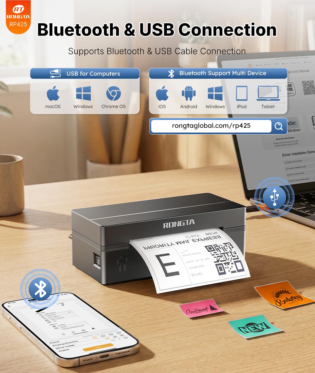 Rongta Bluetooth Thermal Shipping Label Printer, Wireless 4x6 Label Printer for Shipping Packages&Small Business, Compatible Windows/Mac/Android/iOS