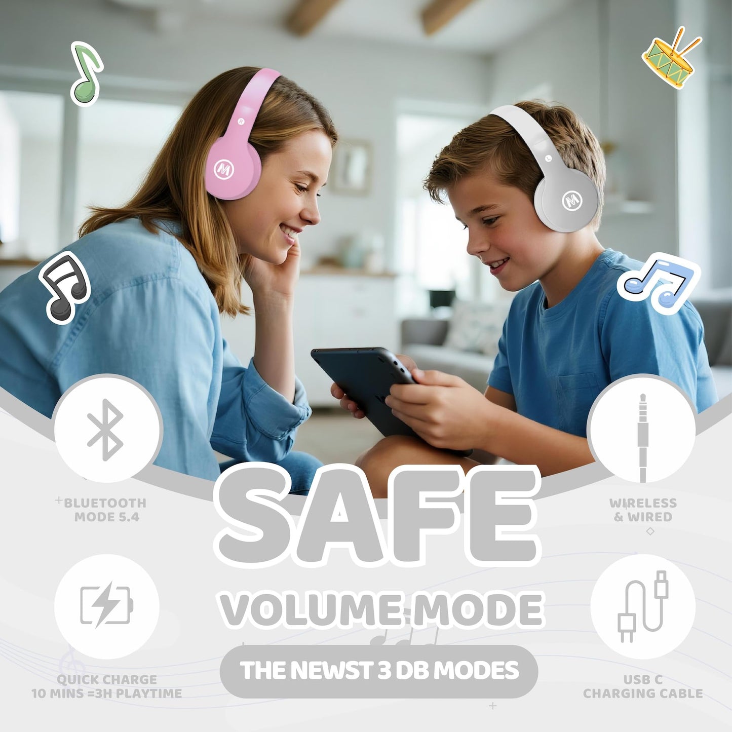 Mokata Headphones Kids Bluetooth 5.4 Wireless Play Time 68H Safe Volume Limit 85/94dB Over-Ear Foldable Headset,Fast Charging,with Aux Cord Built-in…