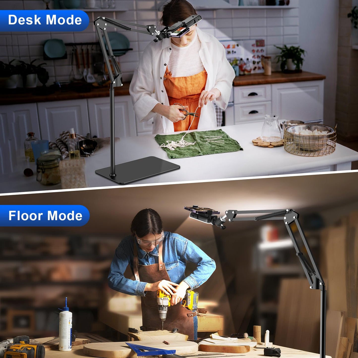 Floor Overhead Phone Tripod with Rechargeable Light for Cooking Videos, Move Around Phone Stand with Ring Light Content Creator Video Recording Selfie