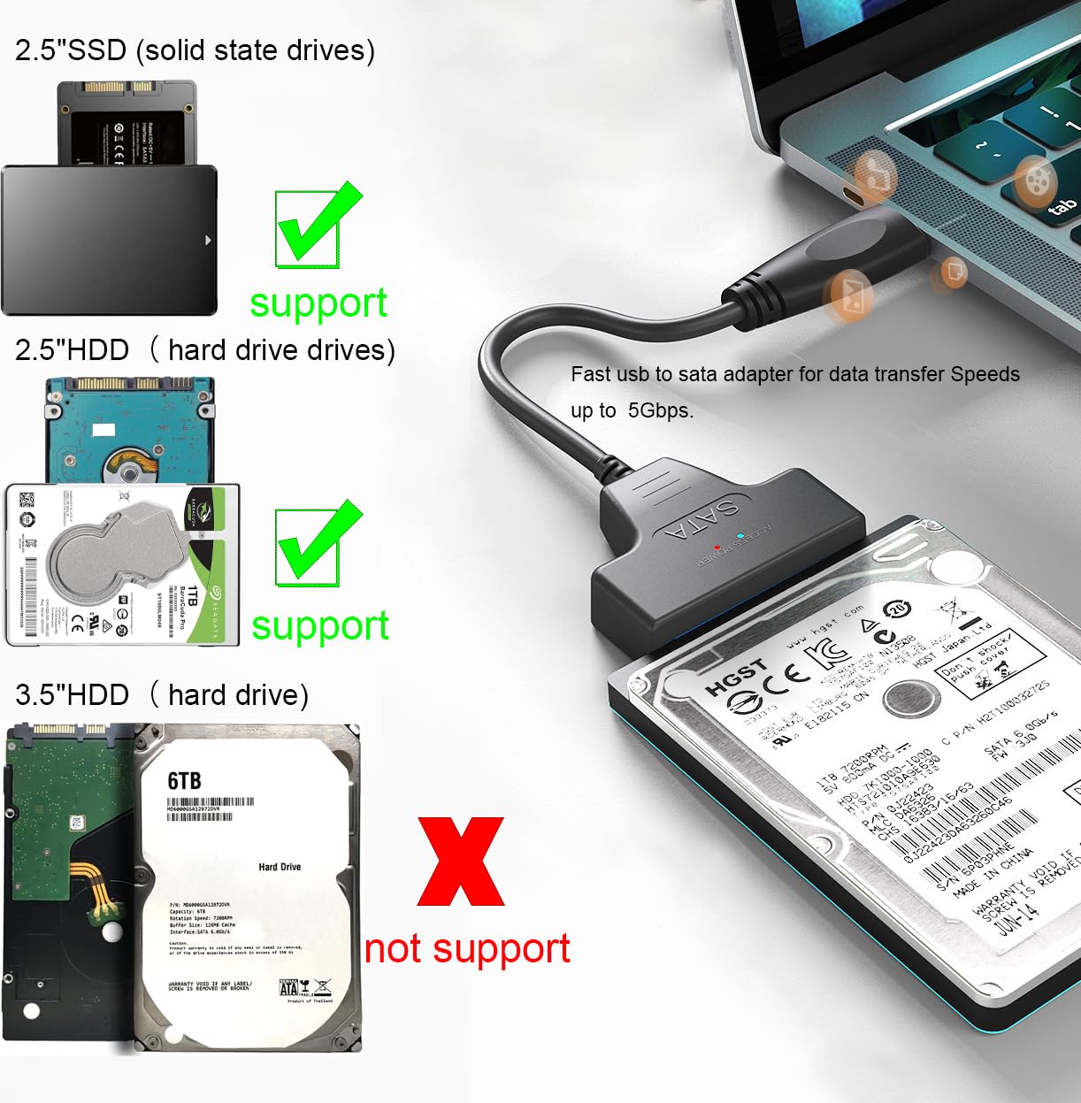 FRIGRAF High Speed SATA to USB 3.0 Cable, SATA to USB Adapter for 2.5”SSD & HDD,2in1 Sata Cable Type-C/Type-A (USB to 2.5 SSD HDD)