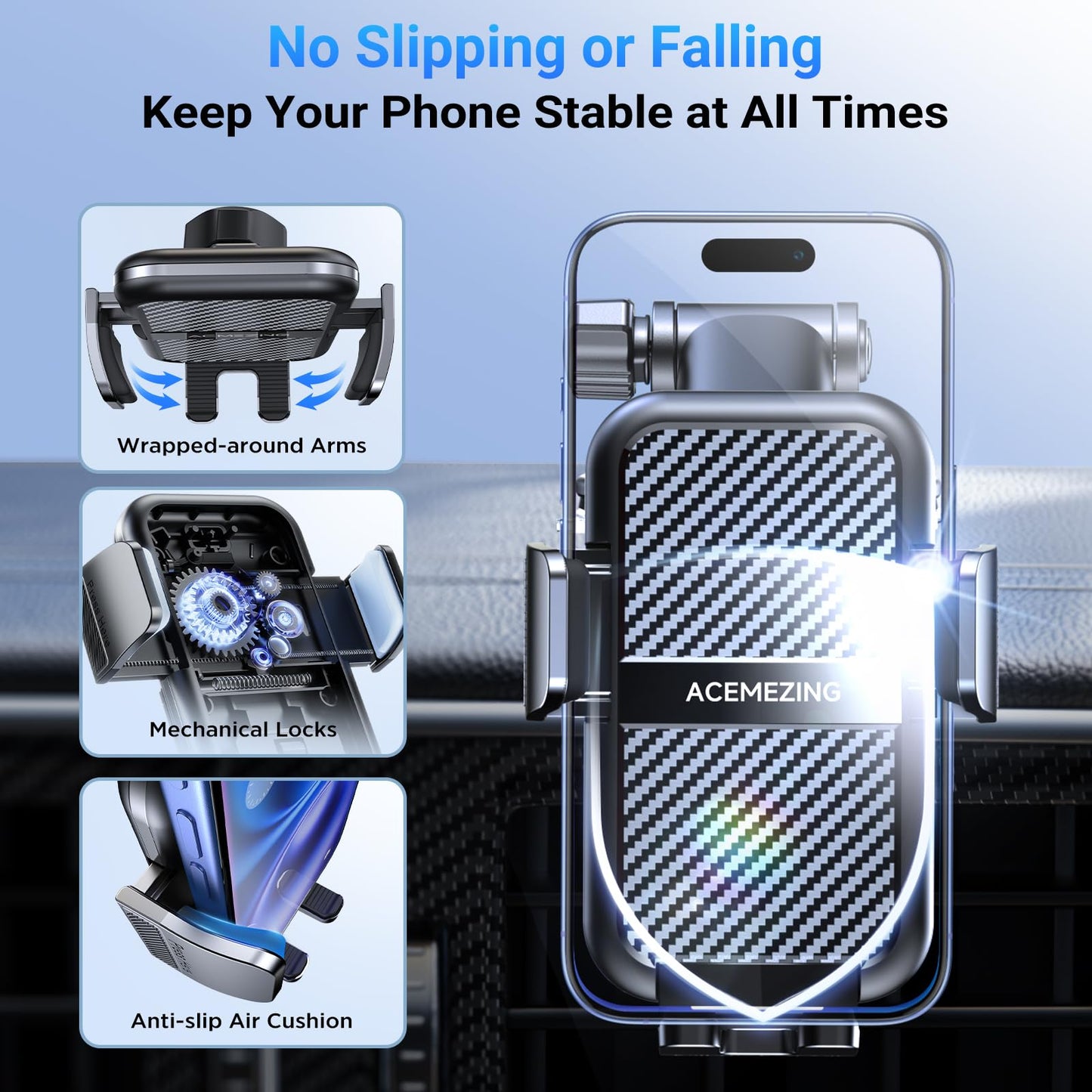 3-in-1 Car Phone Holder [122+LBS Strongest Suction & Stable Clamp Arm] 360° Adjustable Car Phone Mount, Cell Phone Holders for Your Car for Dashboard