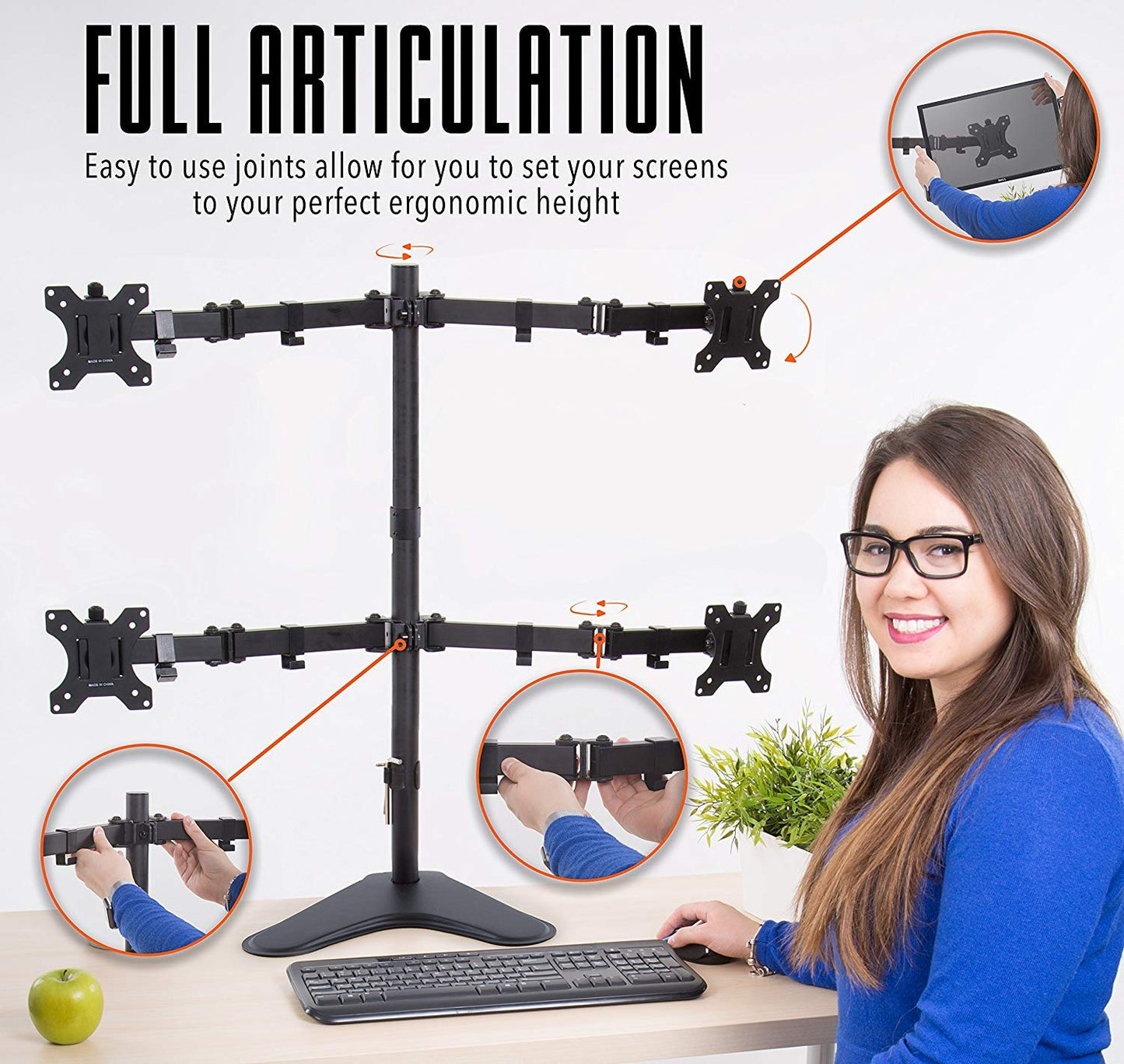 Stand Steady 4-Monitor Mount | Height-Adjustable Stand with Stabilizing Base - Fits Most LCD/LED Monitors 17-32 in (Black)