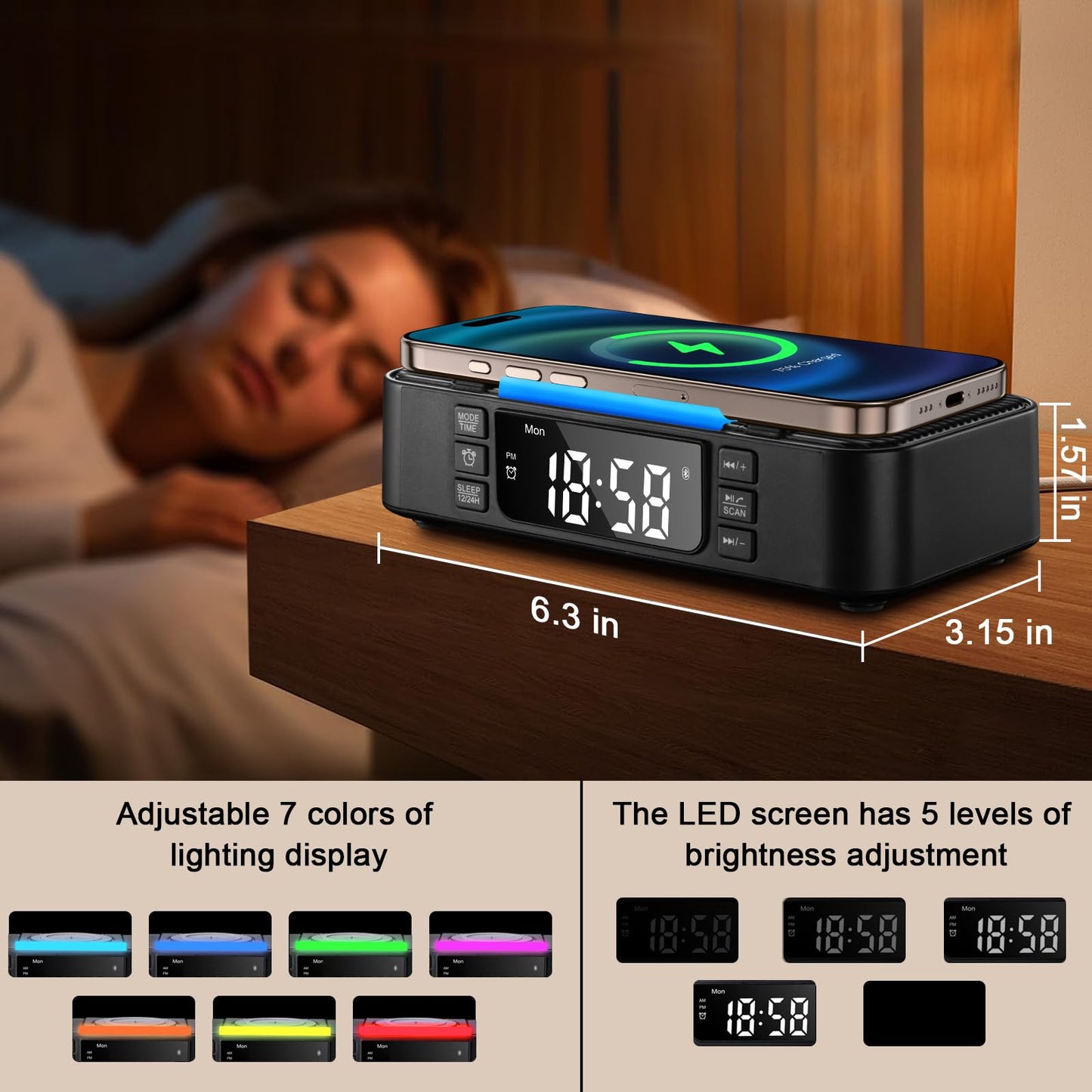 DPNAO 9-in-1 Wireless Charging Station with Bluetooth Speaker, Alarm Clock, FM Radio, Night Light - Compatible iPhone 17/16/15/SamsungS25/S24/Android