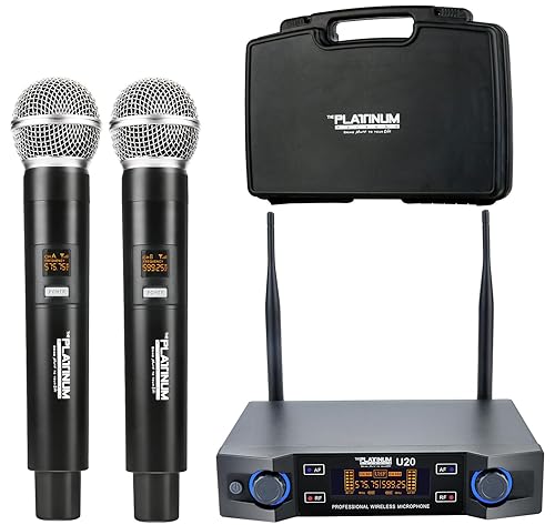 The Platinum UHF Wireless Microphone System, 200FT UHF Range Metal Professional Dual Channel Handheld Dynamic Mic System with Professional Karaoke