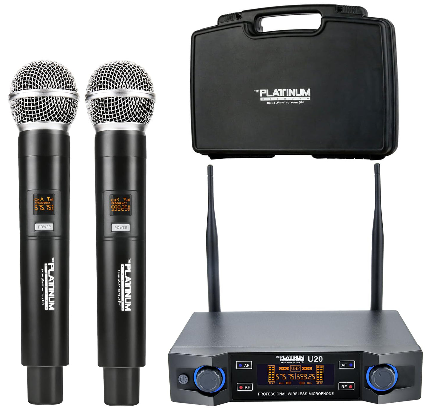 The Platinum UHF Wireless Microphone System, 200FT UHF Range Metal Professional Dual Channel Handheld Dynamic Mic System with Professional Karaoke