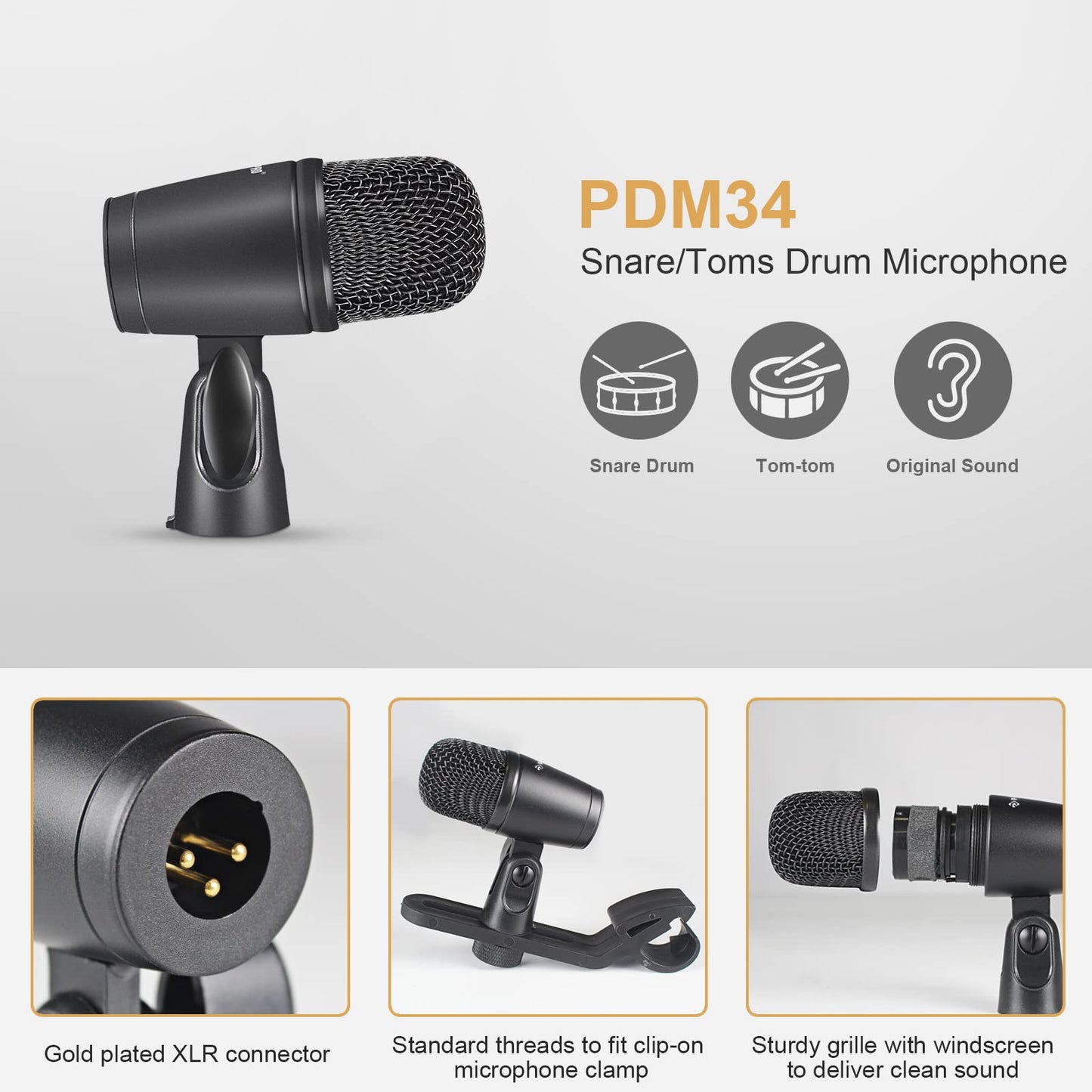 Phenyx Pro Drum Microphone Kit, 7-Piece Full Metal Wired Dynamic Mic Set for Bass/Tom/Snare/Hi-hat Cymbals, with Carrying Case, Holders, and Threaded