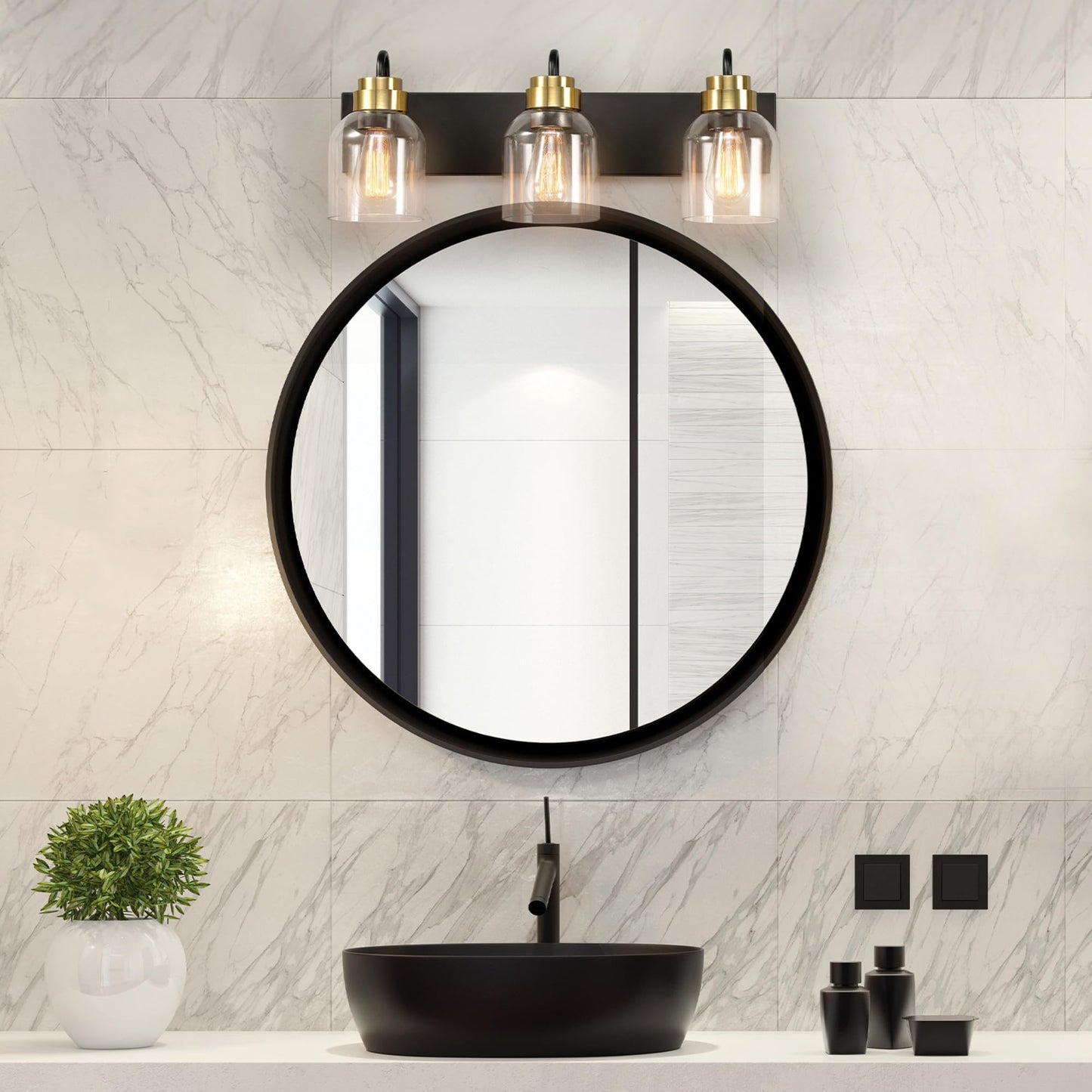 Globe Electric 63000200 22" 3-Light Vanity Light, Matte Black, Matte Brass Accents, Glass Shades, Beauty Room Accessories, Lights for Bathroom, Powder