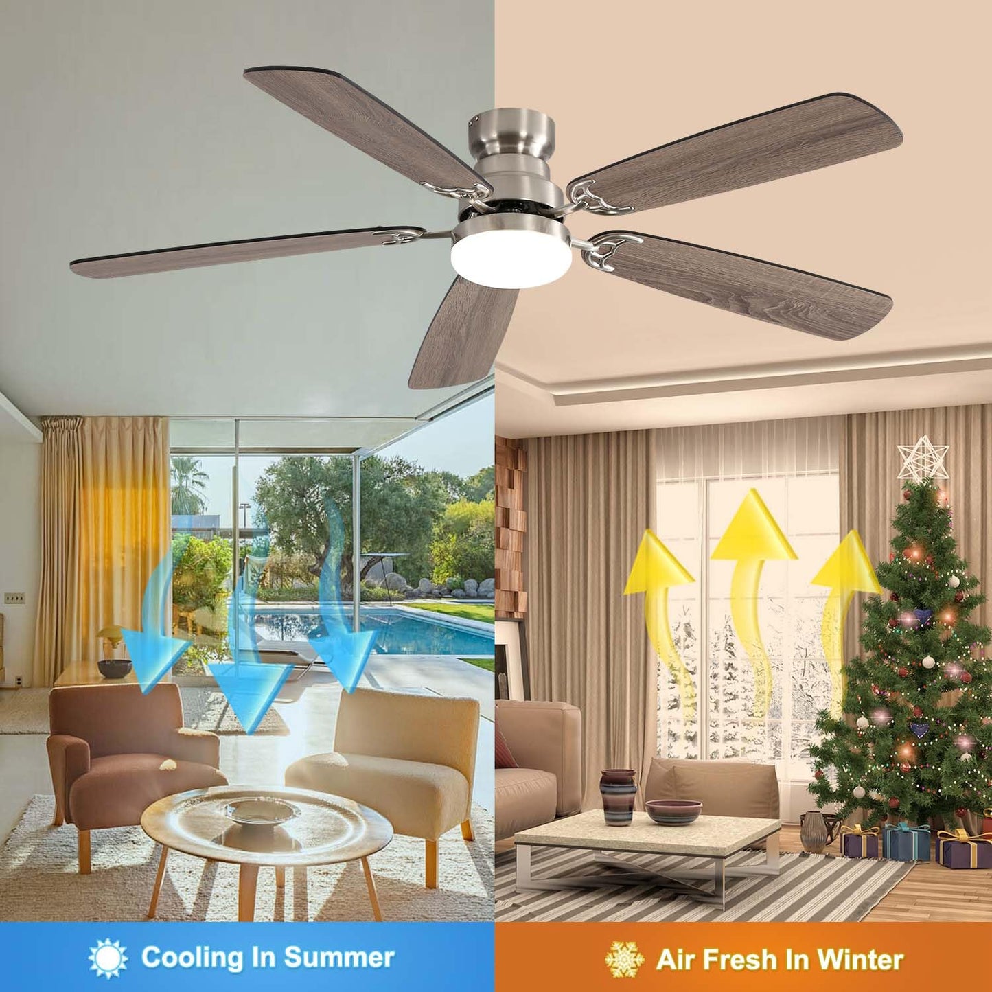 HRVEOCEI 52 Inch Modern Ceiling Fans With Lights for Bedroom, Flush Mount/Low Profile Fan Ceiling with Remote Control, 5 Blades Reversible for Living