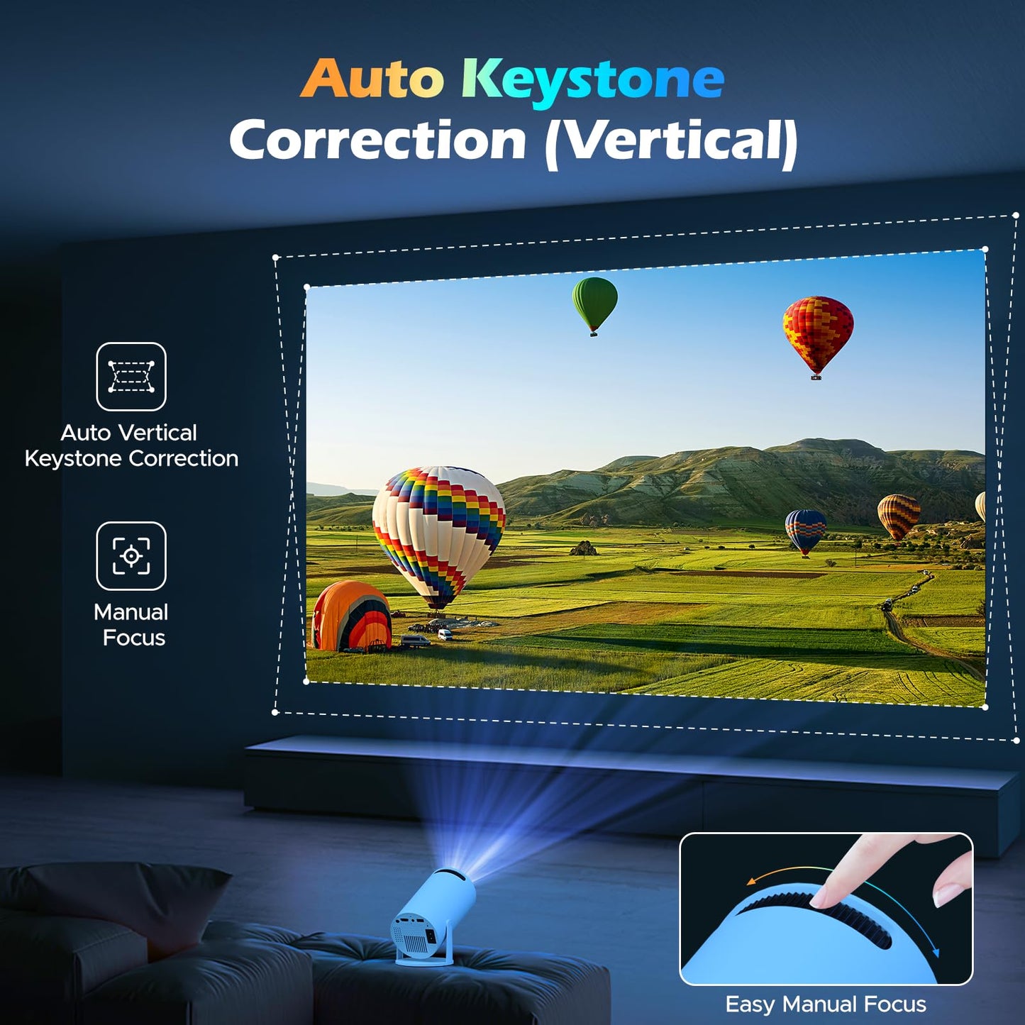 Mini Projector with WiFi and Bluetooth, 4K Projector, Portable Projector for Bedroom, Smart Projector of 270° Rotatable 130'' Projector Screen