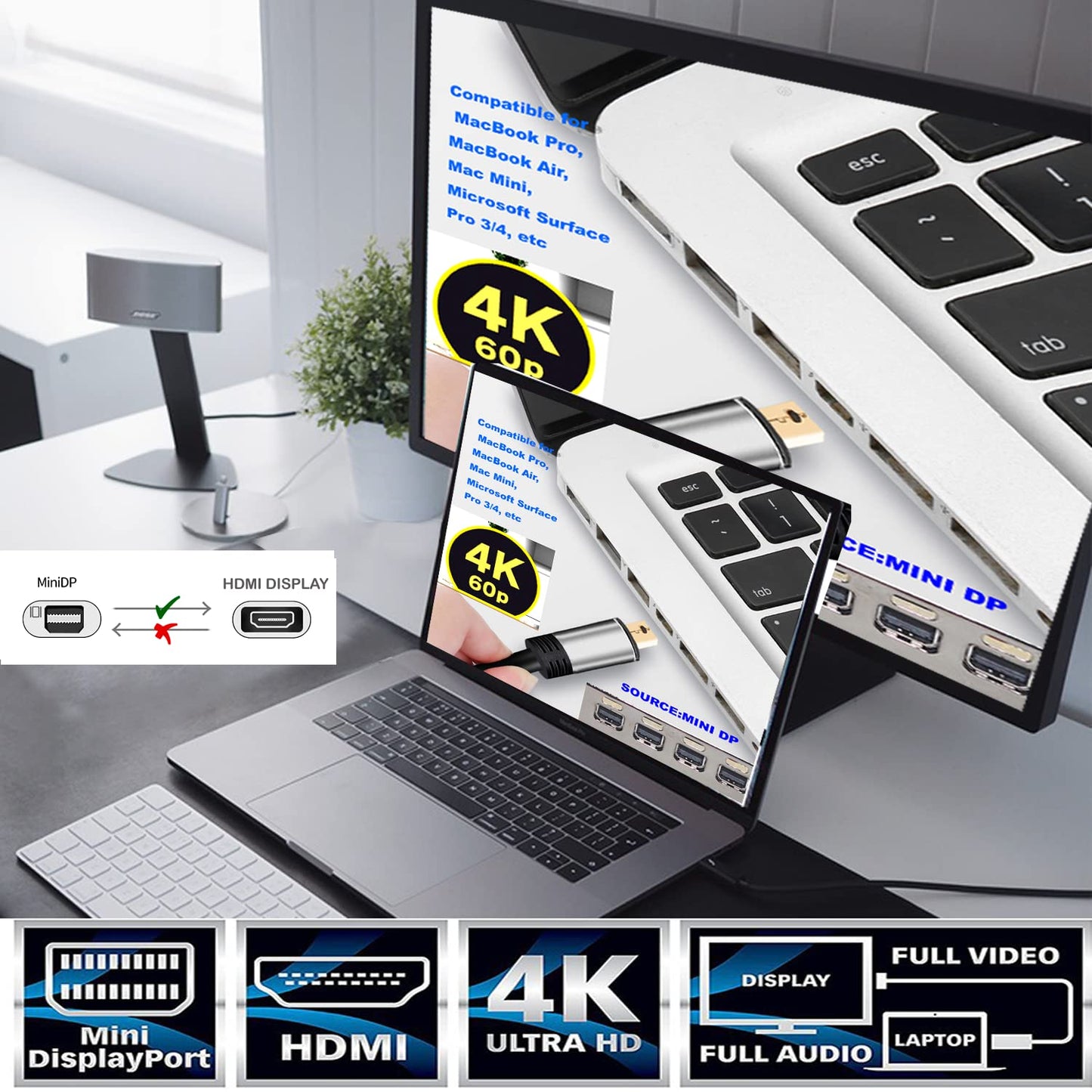 YOTETION 50FT Long Mini DisplayPort to HDMI Cable, 4K60Hz, Black, 1 Count, Male-to-Male, Compatible with MacBook Pro/Air, iMac, Microsoft Surface