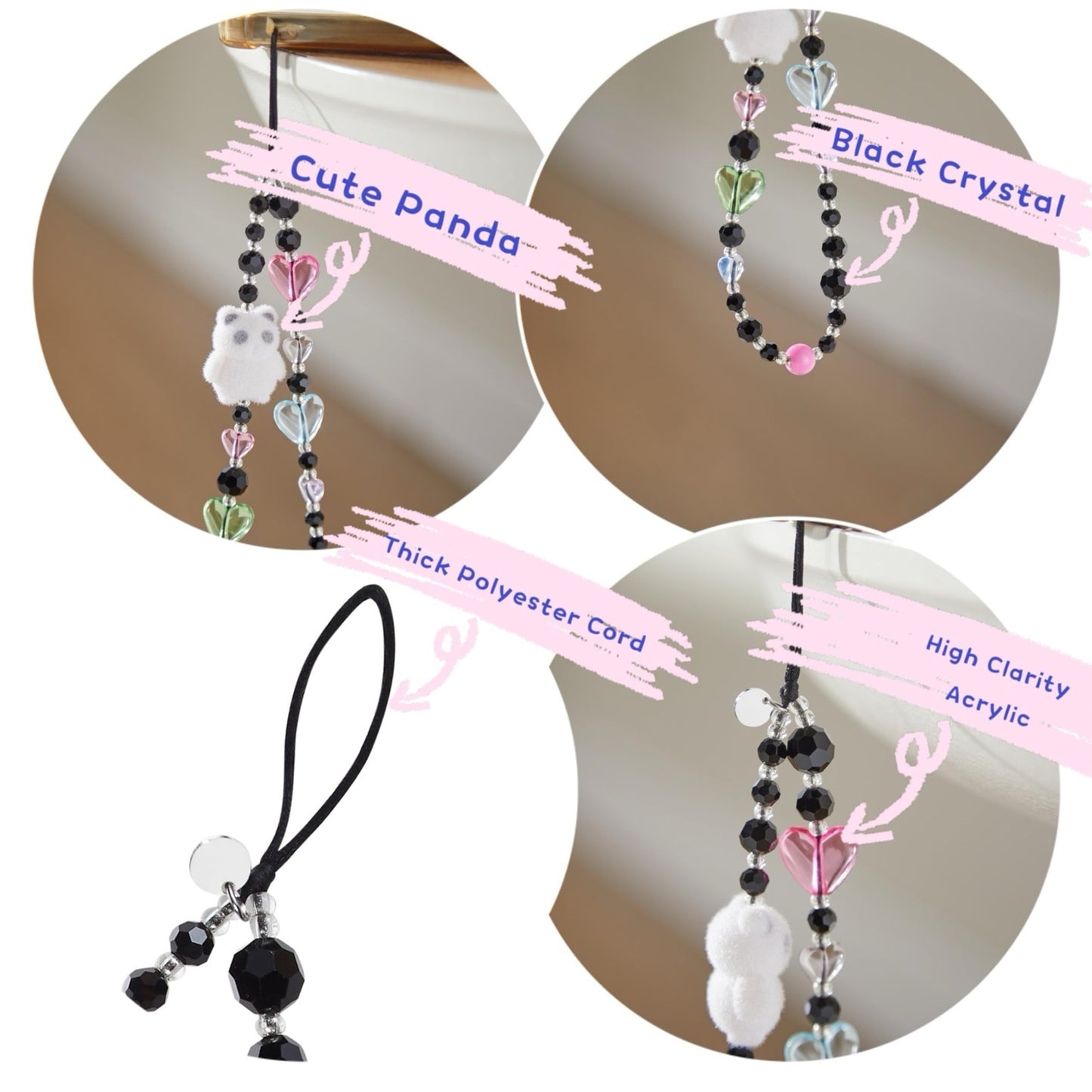 FREPERS Black Crystal Beads Phone Lanyard for Women, Cute Panda & Hearts Charm, Anti-Lost Wrist Strap with Thick Polyester Cord for iPhone 14/15/16
