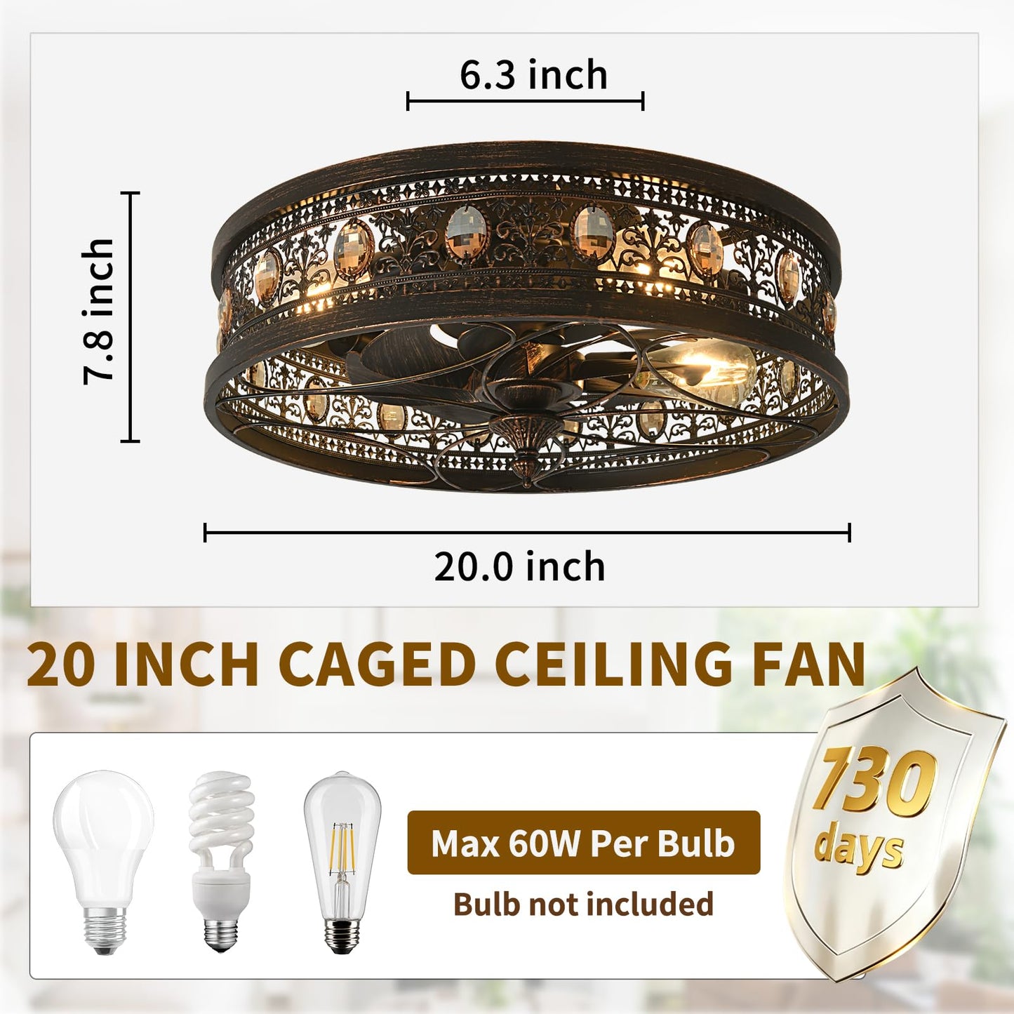 HHYMYuan 20" Flush Mount Fandelier Ceiling Fan with Lights,Black Caged Fan