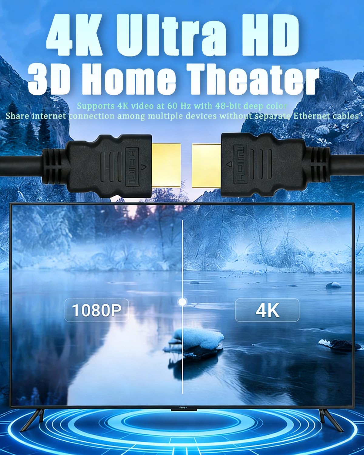 UltraPoE 4K High-Speed HDMI Cable, 10 Ft Black Ethernet Cord, Compatible with TV, PS5, Laptop, Display, Projector, VR