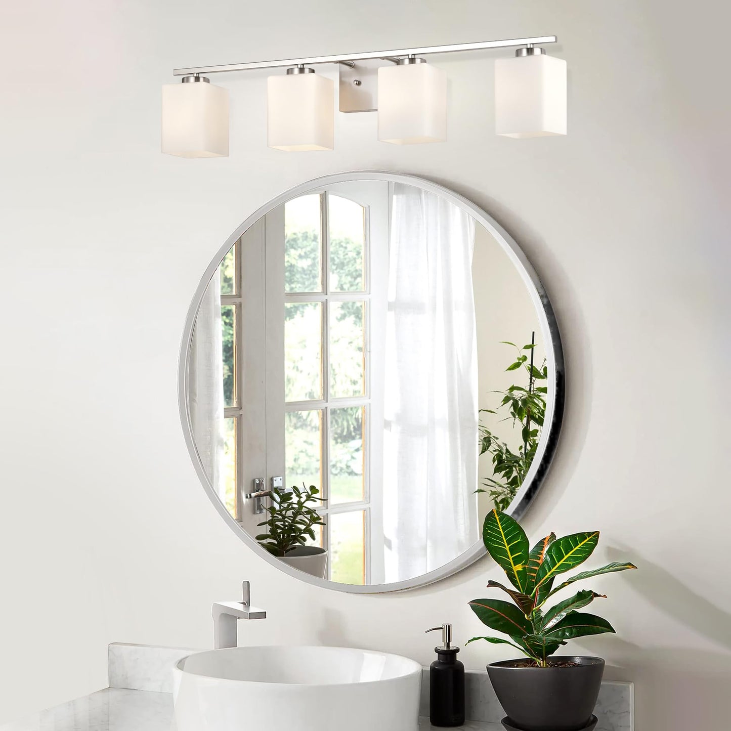 Edvivi Bathroom Light Fixtures, 4-Light Modern Brushed Nickel Vanity Light Over Mirror, Wall Sconces with Square White Glass Shades for Living Room