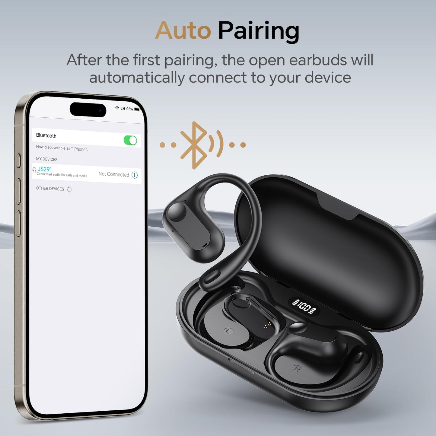 Open Ear Headphones Wireless Earbuds Air-Conduction Bluetooth Earphones LED Digital Display 24H Playtime Over Ear Buds Stereo Sound Lightweight…