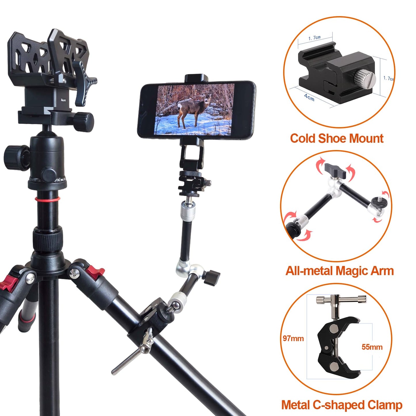 Camera Arm for Hunting,C-Clip Magic Arm Cell Phone Holder for Self Filming Hunts Tripod Compatible Gopro,Trail Camera, iPhone, Mevo Start