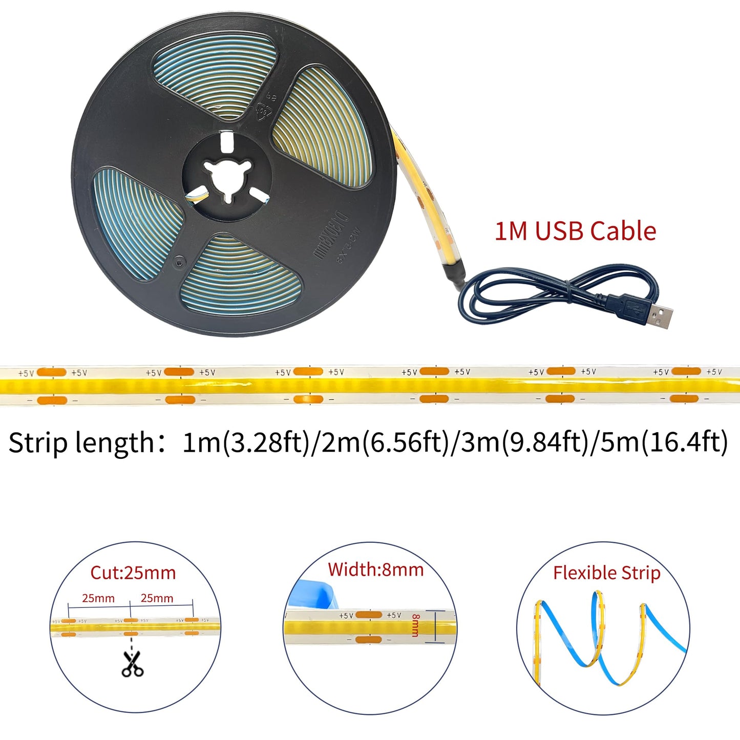 Clearhill 5V 8mm Width USB COB LED Strip Lights,Purple,320LEDs/M,8W/M,CRI90,9.84FT/3M,Electroplated Double-Sided Panel Light Strip,Waterproof