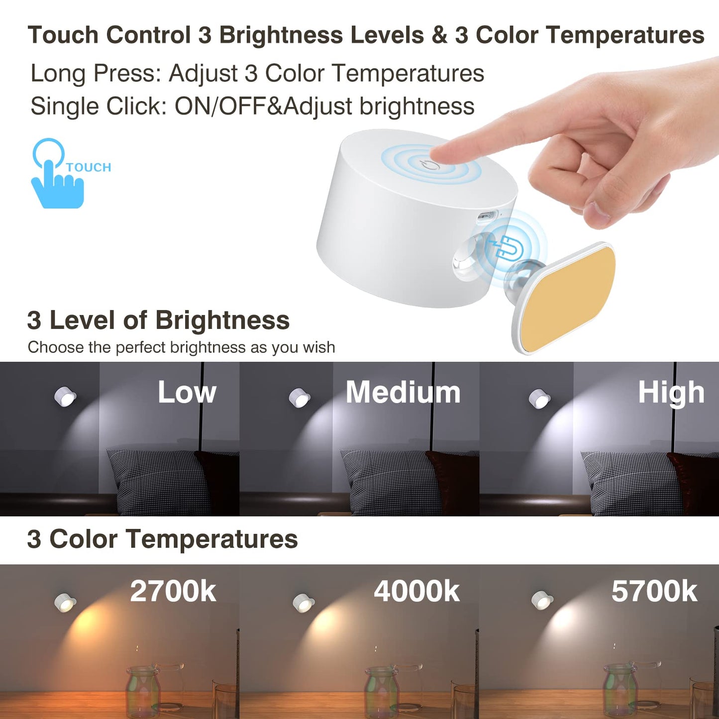 Koopala LED Wall Sconces, Wall Mounted Lamps with Rechargeable Battery Operated Dim 3 Brightness Removable Charging 360°Rotate Magnetic Ball, Cordless