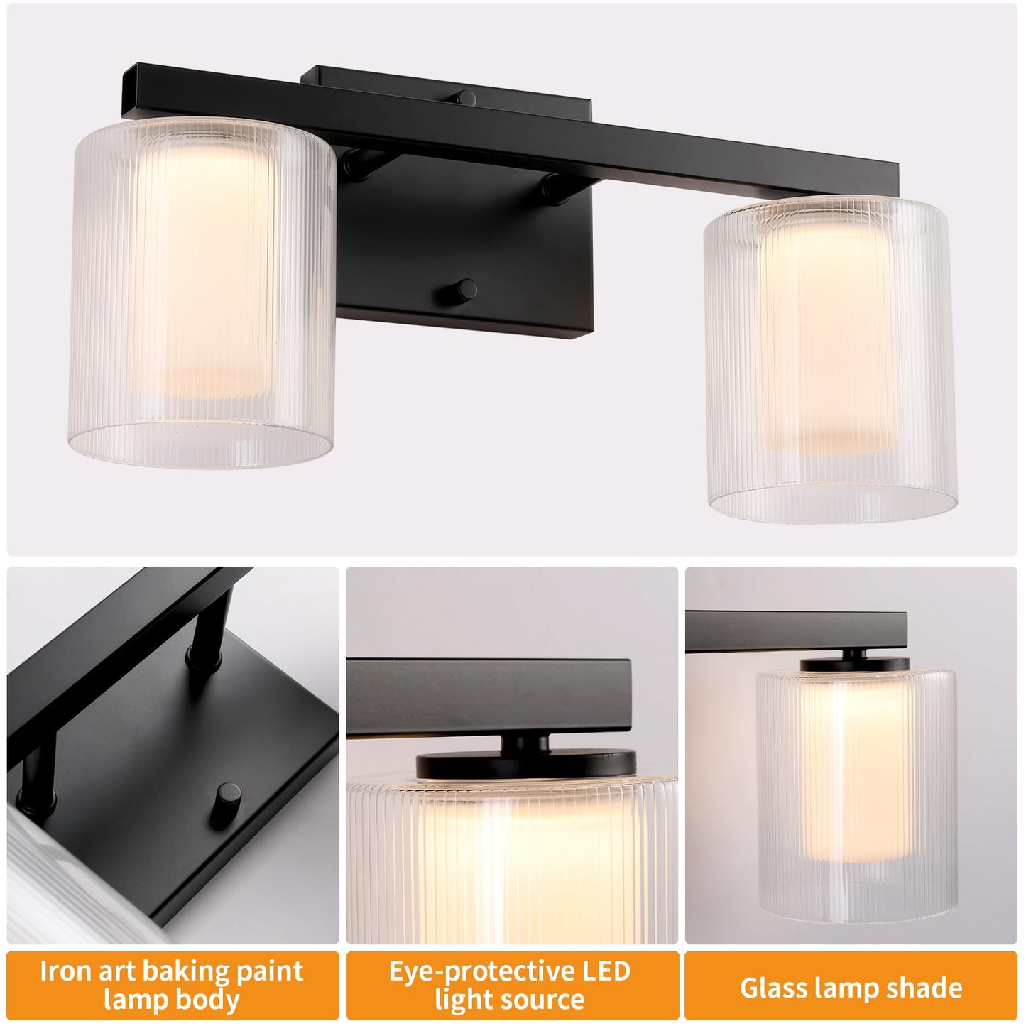 Nwaprh 2-Light Bathroom Vanity Light, 15.75" Matte Black LED Bathroom Light Fixture with Ribbed Glass Shades, 3000K Warm White Wall Sconce, Up/Down