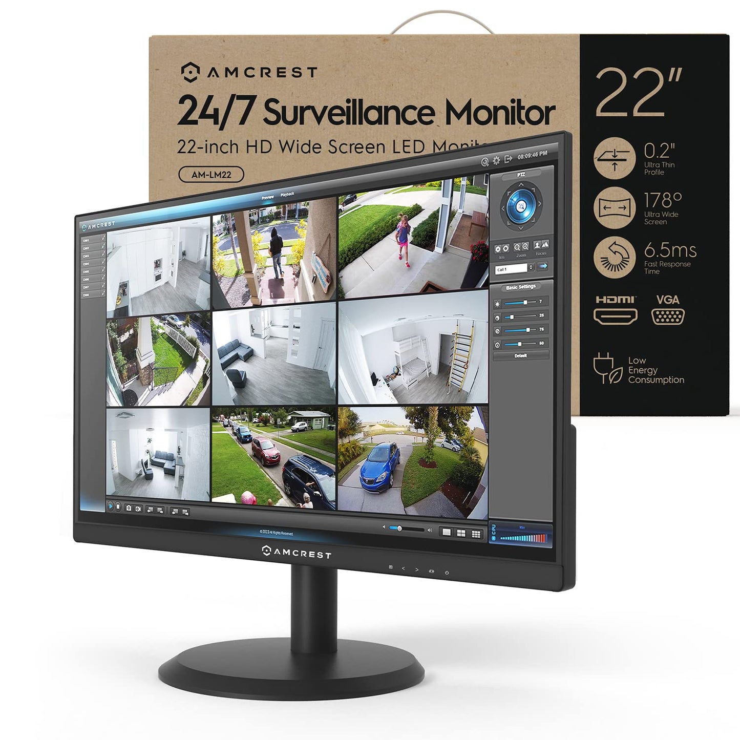 Amcrest 24/7 Security Camera Monitor Screen, 22 inch, Thin Micro Bezel, Built in Speakers, Compatible CCTV NVR/DVR Surveillance Monitor, 1080p FHD