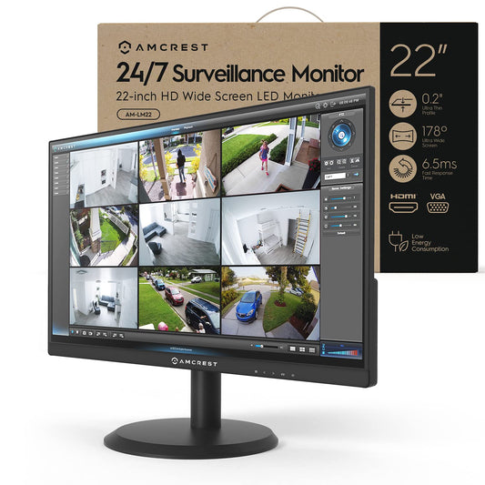 Amcrest 24/7 Security Camera Monitor Screen, 22 inch, Thin Micro Bezel, Built in Speakers, Compatible CCTV NVR/DVR Surveillance Monitor, 1080p FHD