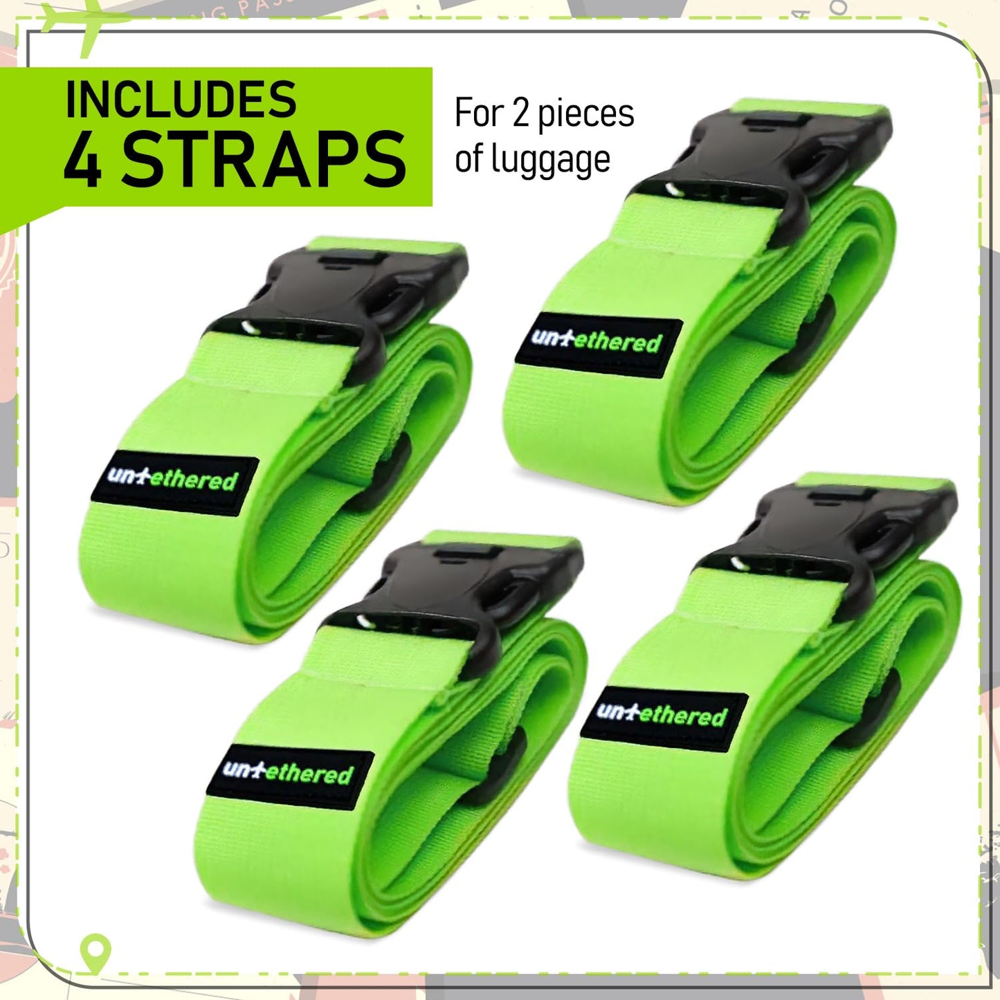 Untethered TSA Approved Luggage Straps – 4 Pack Adjustable Suitcase Belts with Heavy-Duty Buckles for Secure Checked Bags & Travel