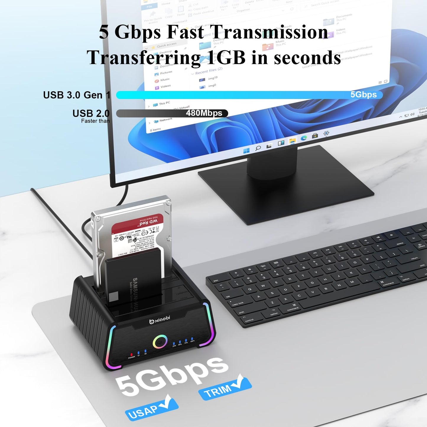 Xiaobi Hard Drive Docking Station , USB C Dual Bay Dock for 2.5/3.5" SATA HDD SSD, Hard Drive Reader Up to 5Gbps, Support UASP Offline Clone Function
