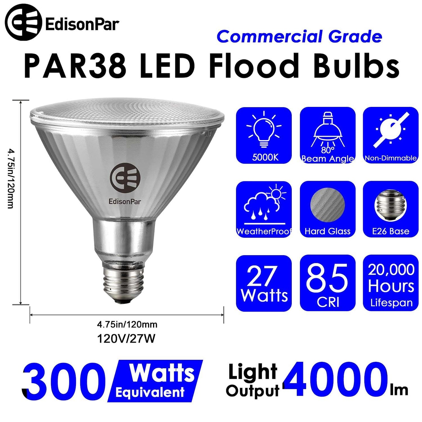 EdisonPar Full-Glass PAR38 LED Flood Light Bulbs Outdoor/Indoor Equivalent 300 Watt, 4000 Lumens Ultra Bright, Non-Dimmable Waterproof 5000K Daylight