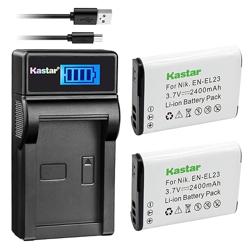 Kastar Battery (X2) & Slim LCD Charger for Nik EN-EL23, ENEL23 MH-67 and Nik Coolpix P600, P610 S810c, P900 Digital Cameras