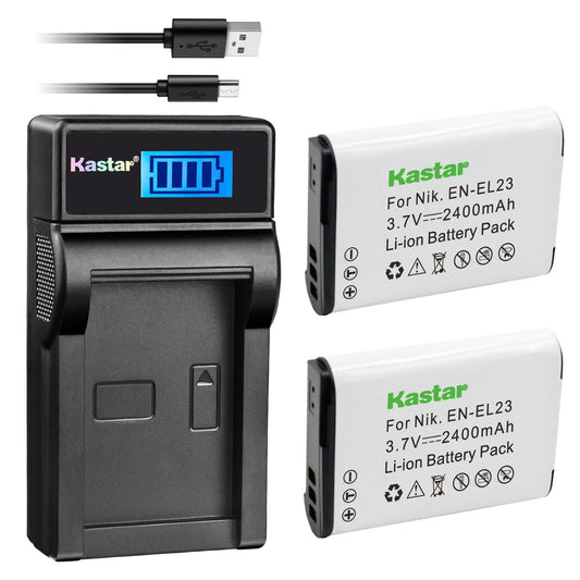 Kastar Battery (X2) & Slim LCD Charger for Nik EN-EL23, ENEL23 MH-67 and Nik Coolpix P600, P610 S810c, P900 Digital Cameras