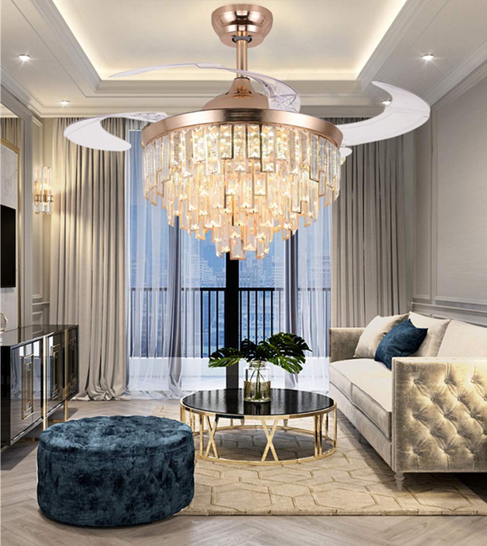 A Million 42" Crystal Ceiling Fan with Light Modern Luxury Chandelier Retractable Blades Remote 3 Speeds 3 Color Changes Silent Ceiling Fans Lighting